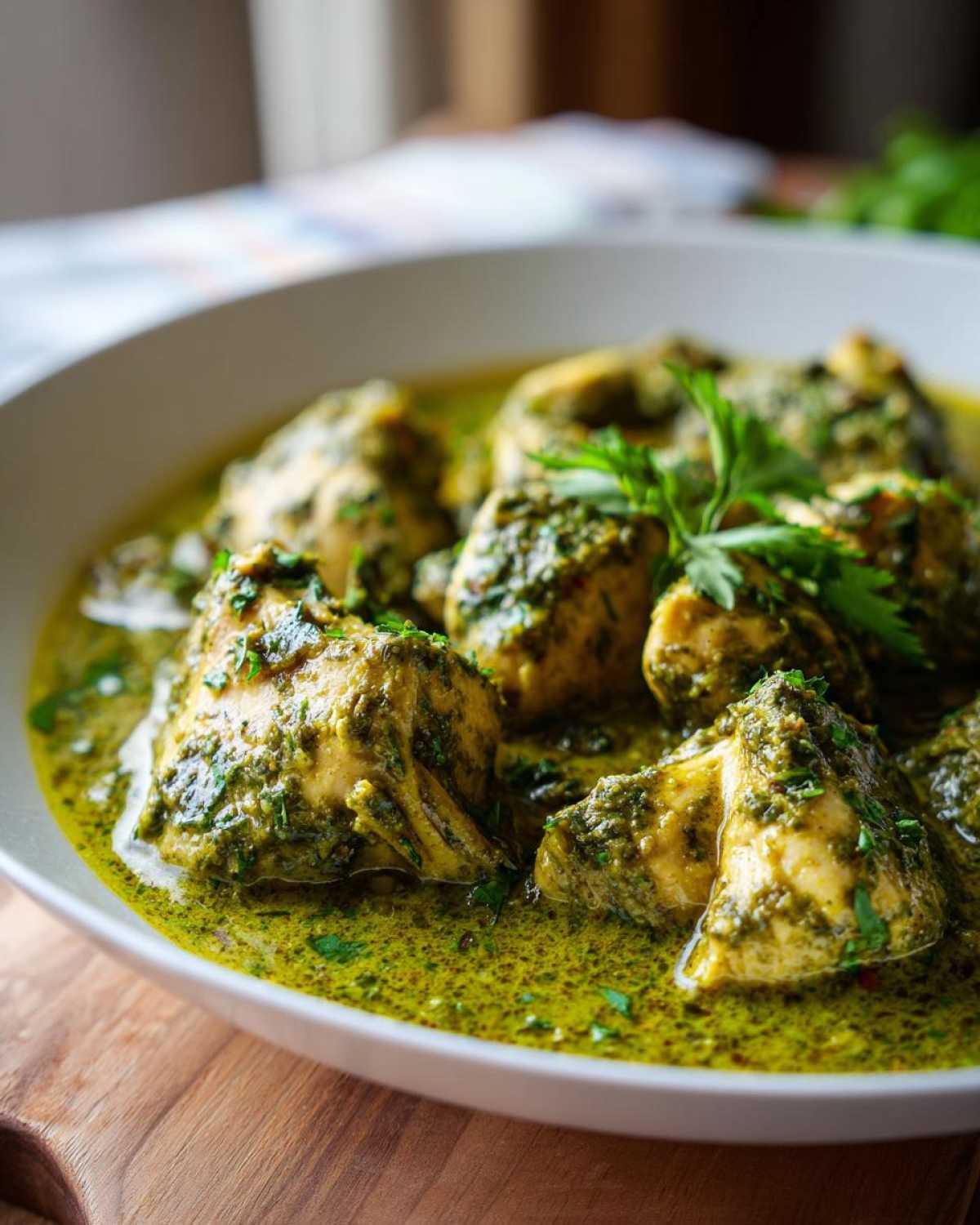 Chunks of chicken coated in a vibrant green, creamy salsa verde sauce, garnished with fresh parsley.
