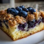 Close-up of a square slice of Easy Sheet Pan Blueberry Streusel Pancake with crumb topping and fresh blueberries.