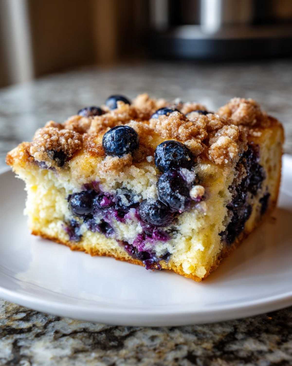 Close-up of a square slice of Easy Sheet Pan Blueberry Streusel Pancake topped with brown sugar streusel and fresh blueberries.