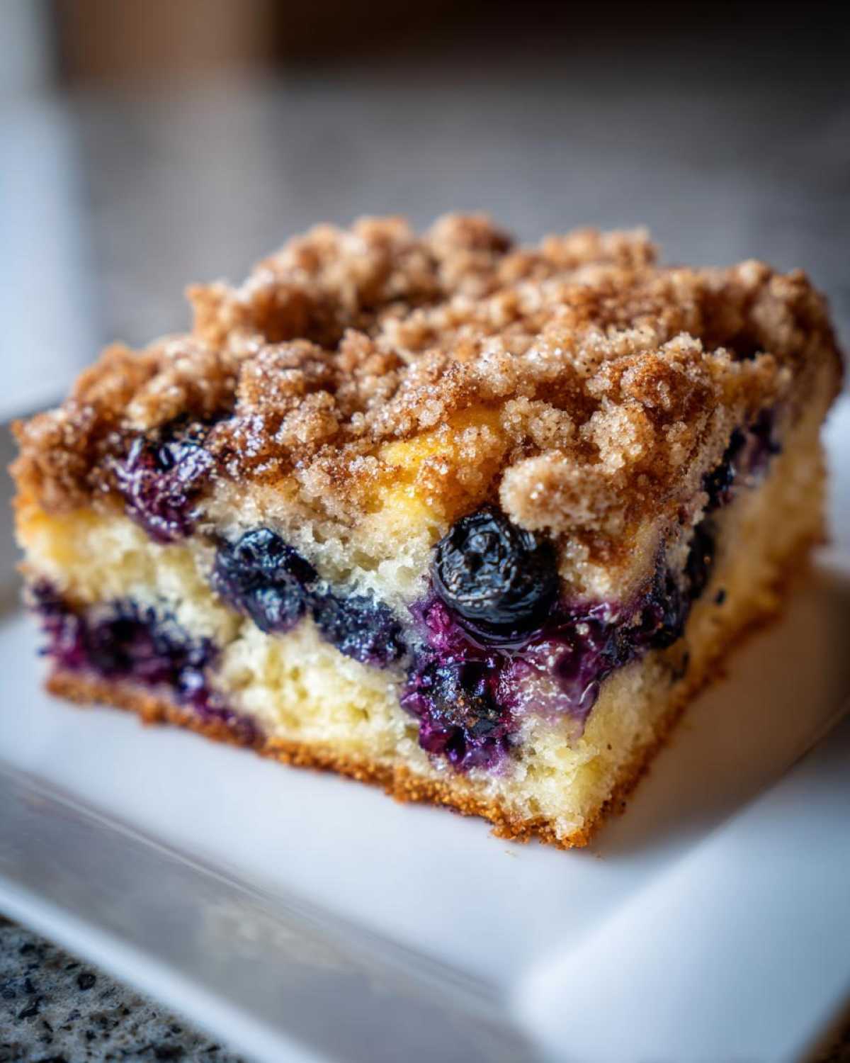Close-up of a moist square slice of Easy Sheet Pan Blueberry Streusel Pancake with a thick cinnamon streusel topping.