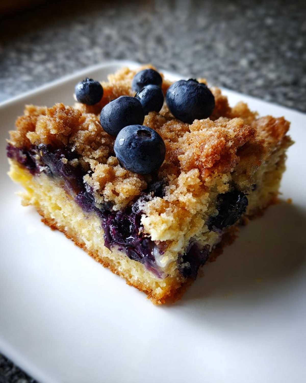 Close-up of a square slice of Easy Sheet Pan Blueberry Streusel Pancake topped with fresh blueberries.