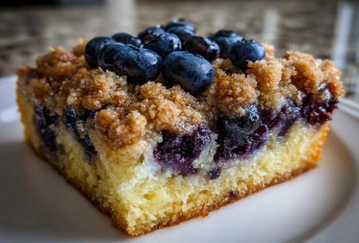 Close-up of a square slice of Easy Sheet Pan Blueberry Streusel Pancake with crumb topping and fresh blueberries.