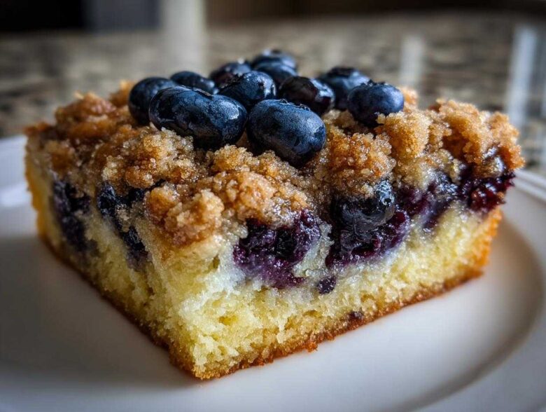 Close-up of a square slice of Easy Sheet Pan Blueberry Streusel Pancake with crumb topping and fresh blueberries.