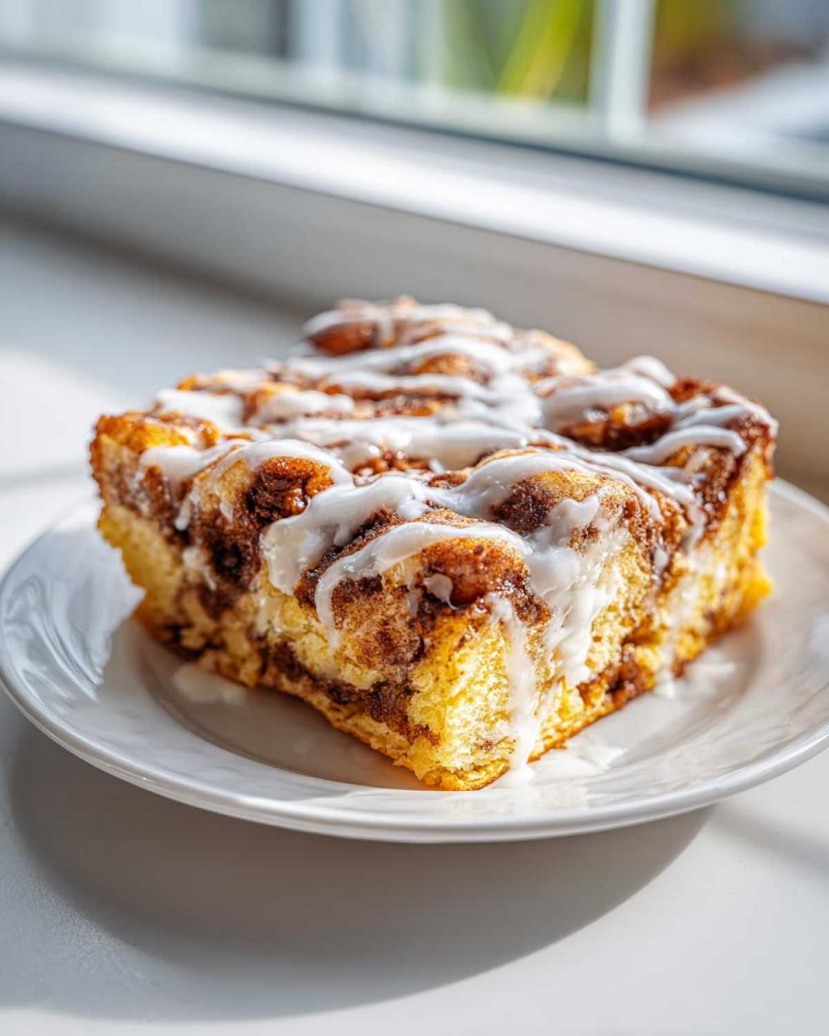 Close-up of a square slice of Easy Sheet Pan Cinnamon Roll Pancake Bake drizzled with white icing.