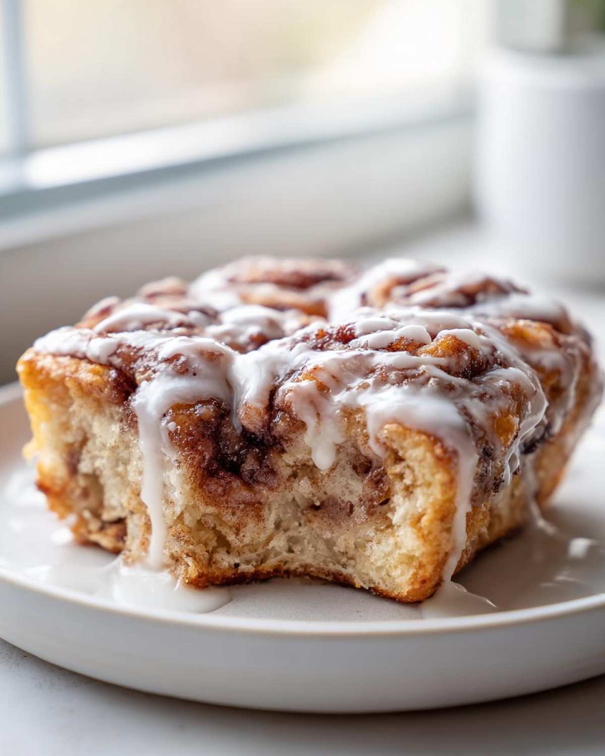 Close-up of a portion of the Easy Sheet Pan Cinnamon Roll Pancake Bake, drizzled generously with white icing.