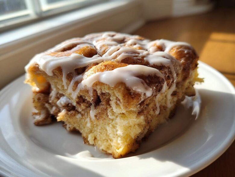 A close-up of a square serving of Easy Sheet Pan Cinnamon Roll Pancake Bake with thick white icing.