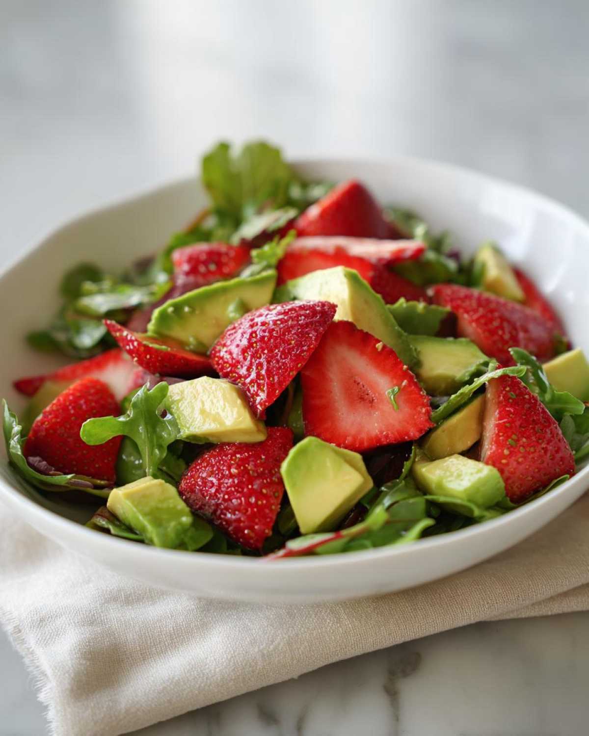 Close-up of a vibrant Easy Strawberry Avocado Salad featuring sliced strawberries, avocado chunks, and mixed greens in a white bowl.