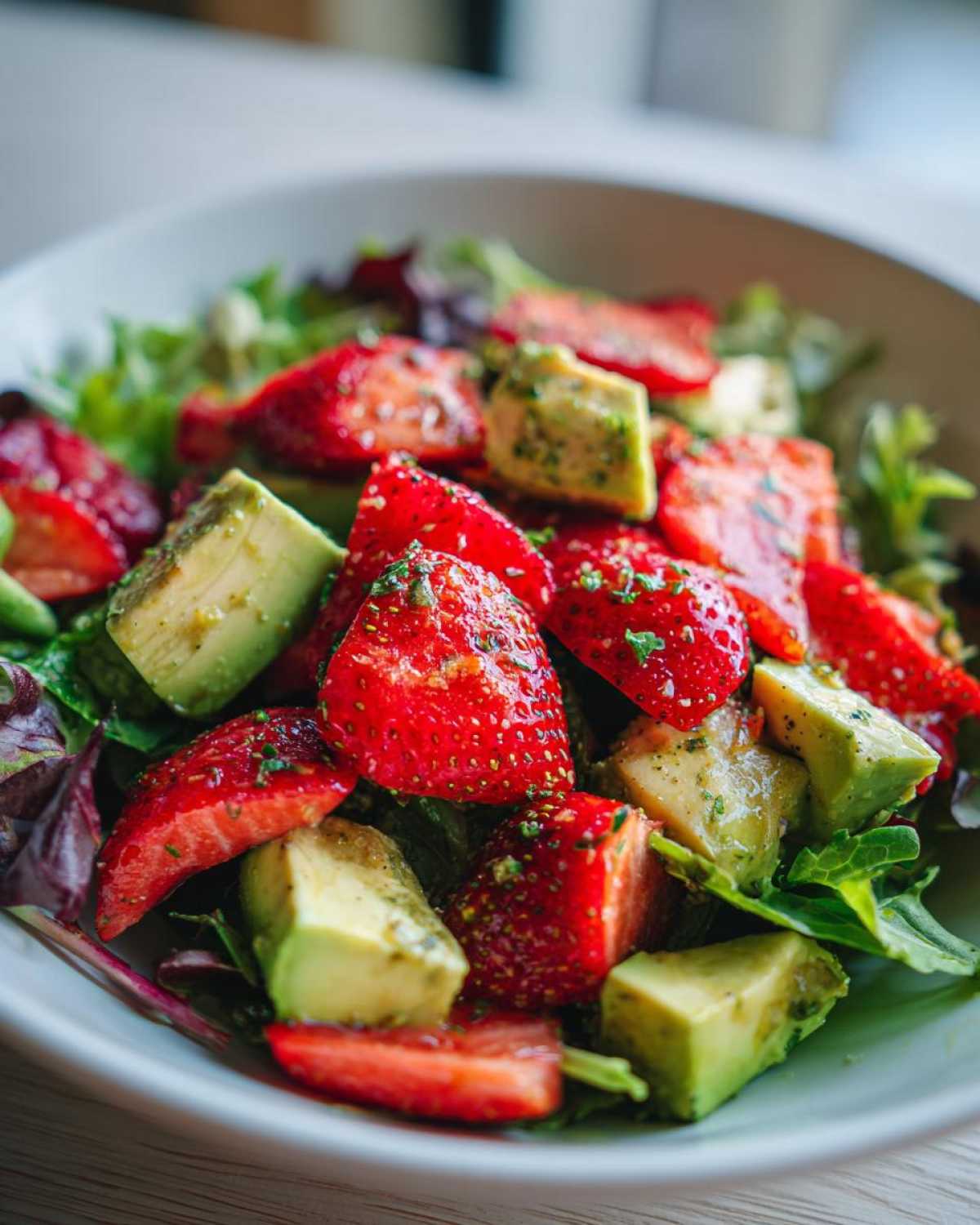 Close-up of a vibrant Easy Strawberry Avocado Salad featuring sliced strawberries, cubed avocado, and mixed greens tossed in a light dressing.