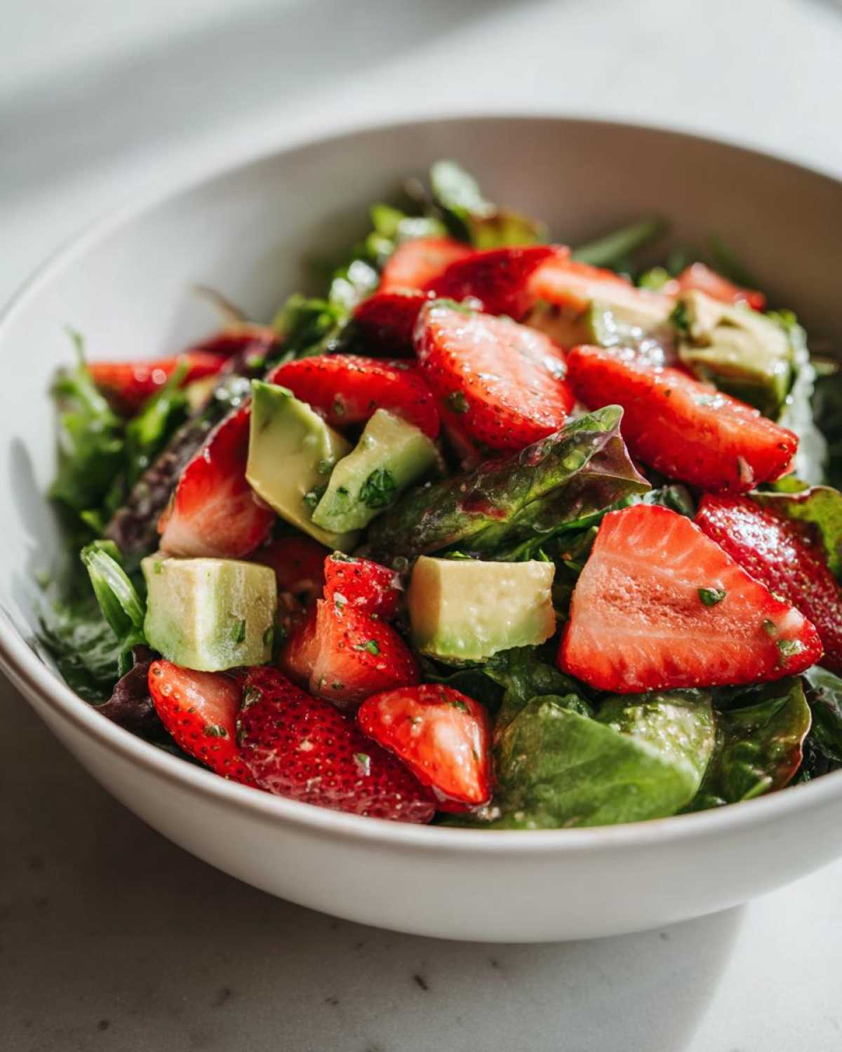 Close-up of a vibrant Easy Strawberry Avocado Salad with mixed greens, sliced strawberries, and avocado chunks.