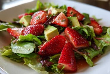 Close-up of a fresh Easy Strawberry Avocado Salad featuring bright red strawberries, green avocado chunks, and mixed greens tossed in vinaigrette.