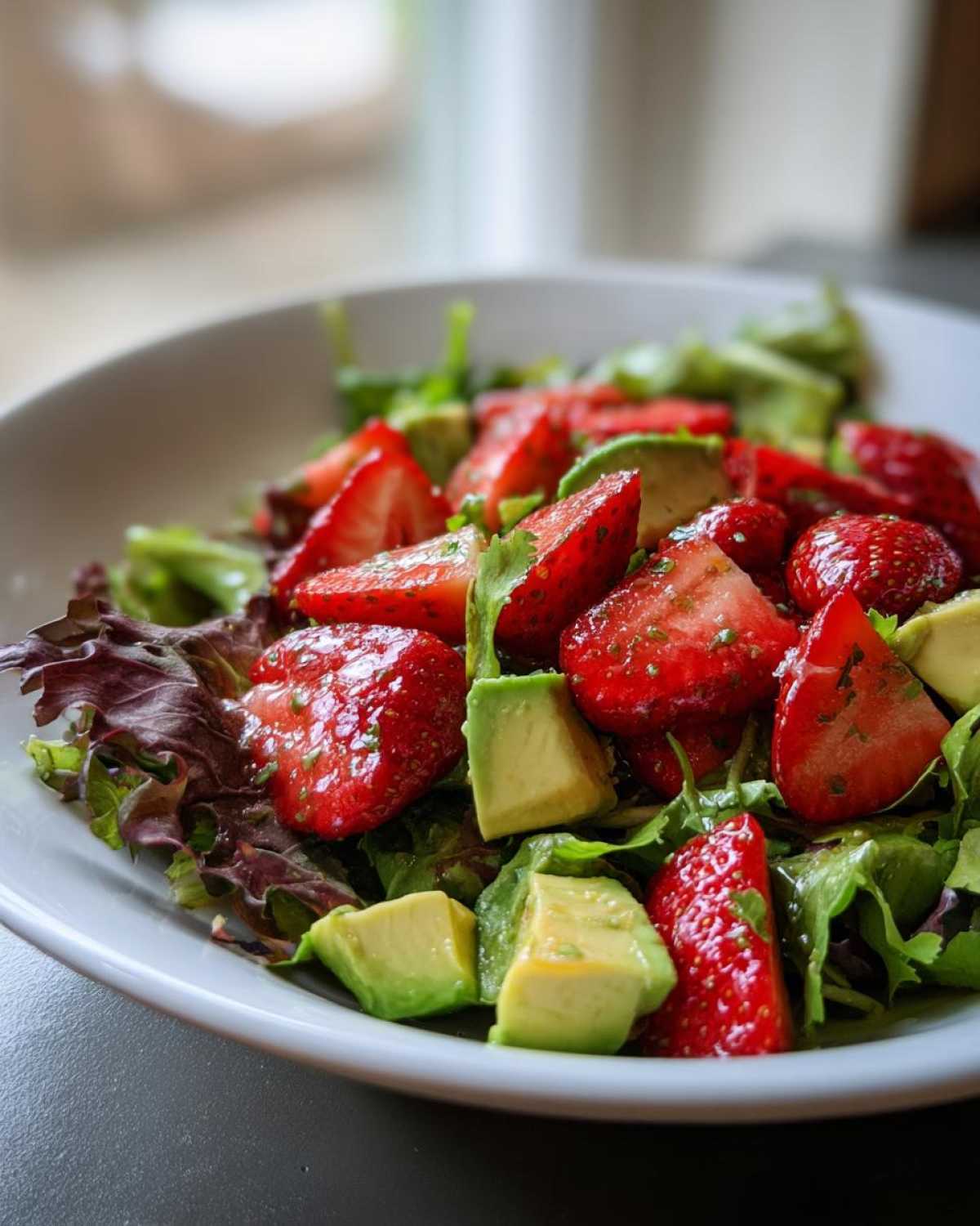 A close-up view of a vibrant Easy Strawberry Avocado Salad featuring sliced strawberries, diced avocado, and mixed greens.