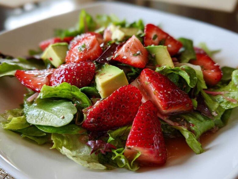 Close-up of a fresh Easy Strawberry Avocado Salad featuring bright red strawberries, green avocado chunks, and mixed greens tossed in vinaigrette.