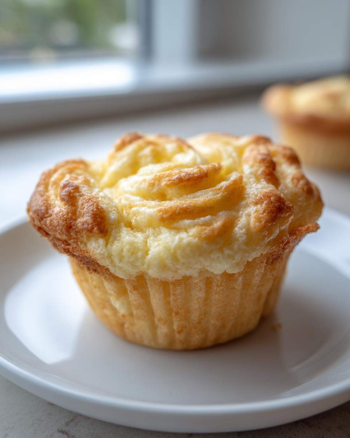A single, light golden Cheesecake Muffin with a distinctive rose-swirl topping, resting on a white plate.