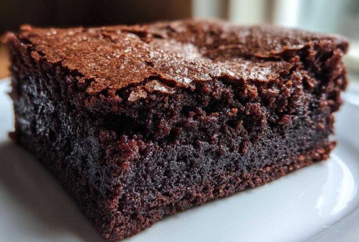 A close-up, mouth-watering shot of a single, dense, fudgy Brownie square with a shiny, cracked top.