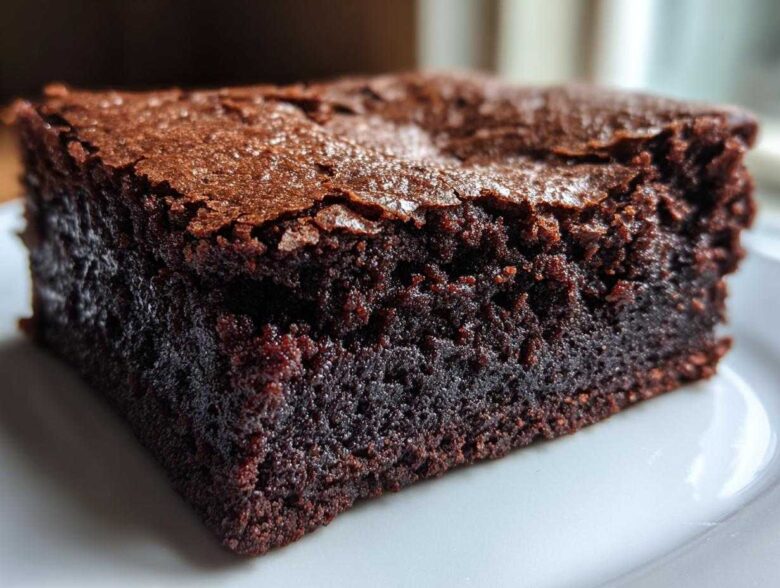 A close-up, mouth-watering shot of a single, dense, fudgy Brownie square with a shiny, cracked top.