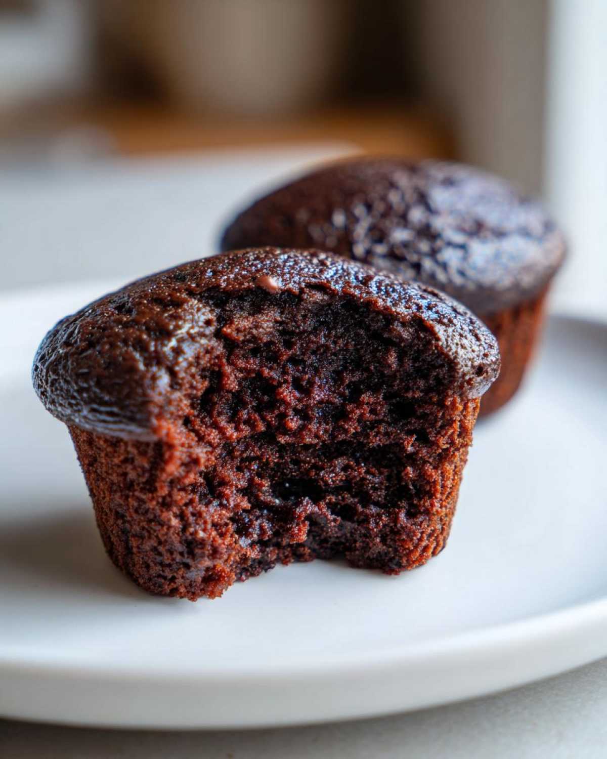 Close-up of a fudgy Brownie Muffin with a bite missing, showing the moist interior texture.