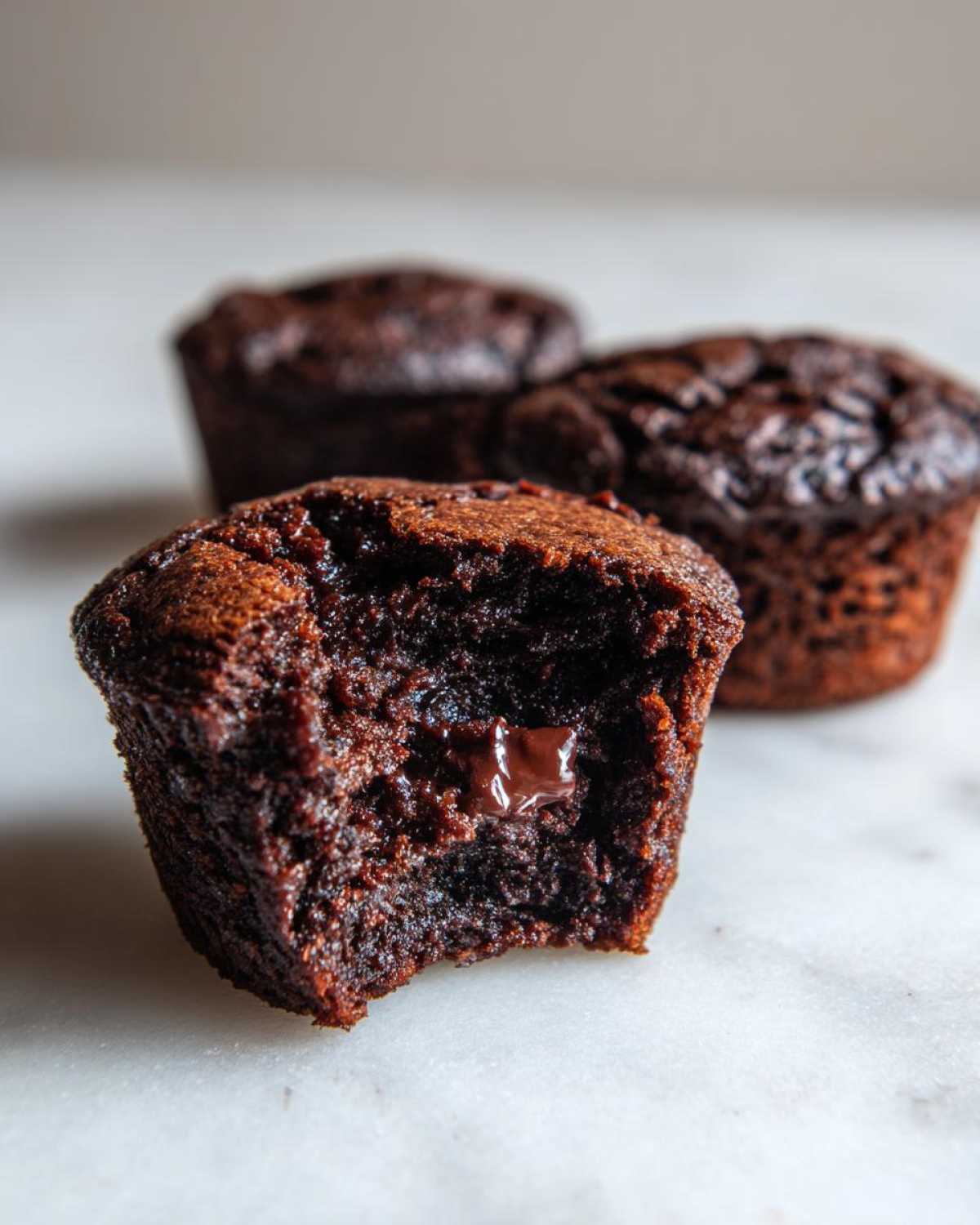 Close-up of a fudgy Brownie Muffin with a bite taken out, revealing a molten chocolate chip center.