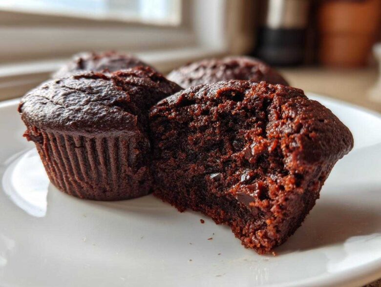 Close-up of a fudgy Brownie Muffin cut in half showing its moist interior and chocolate chips.