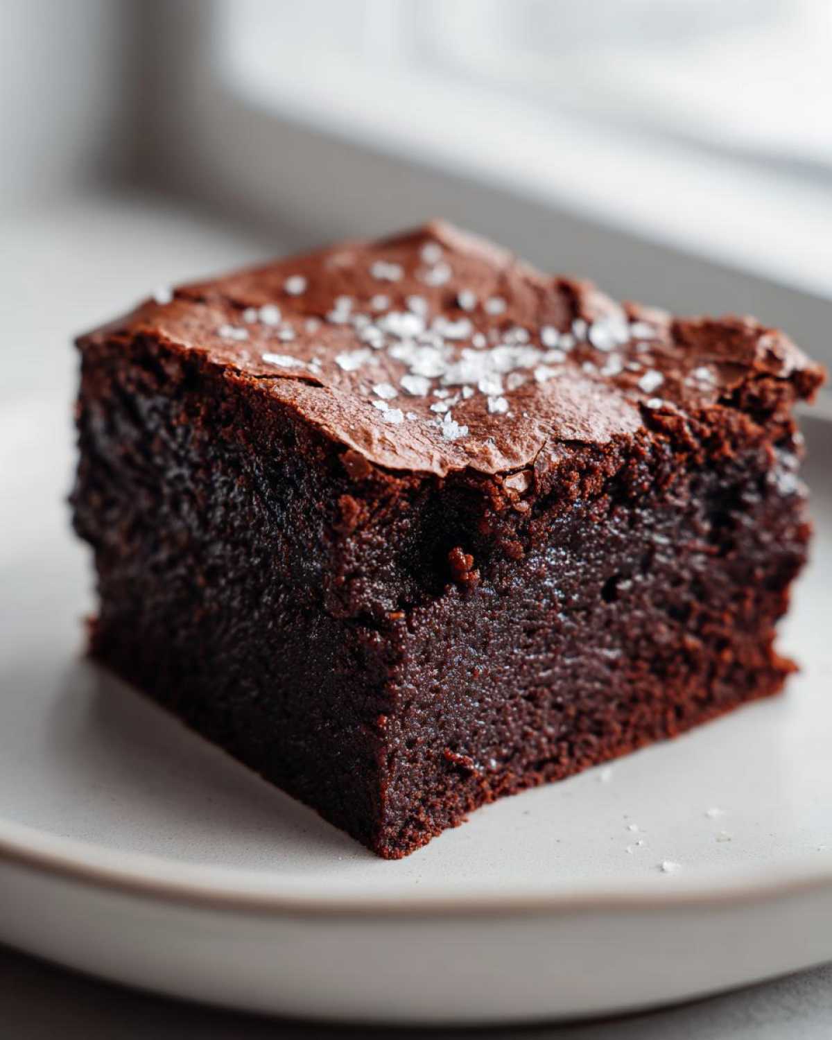 A close-up of a rich, dark, fudgy brownie square topped with flaky sea salt.
