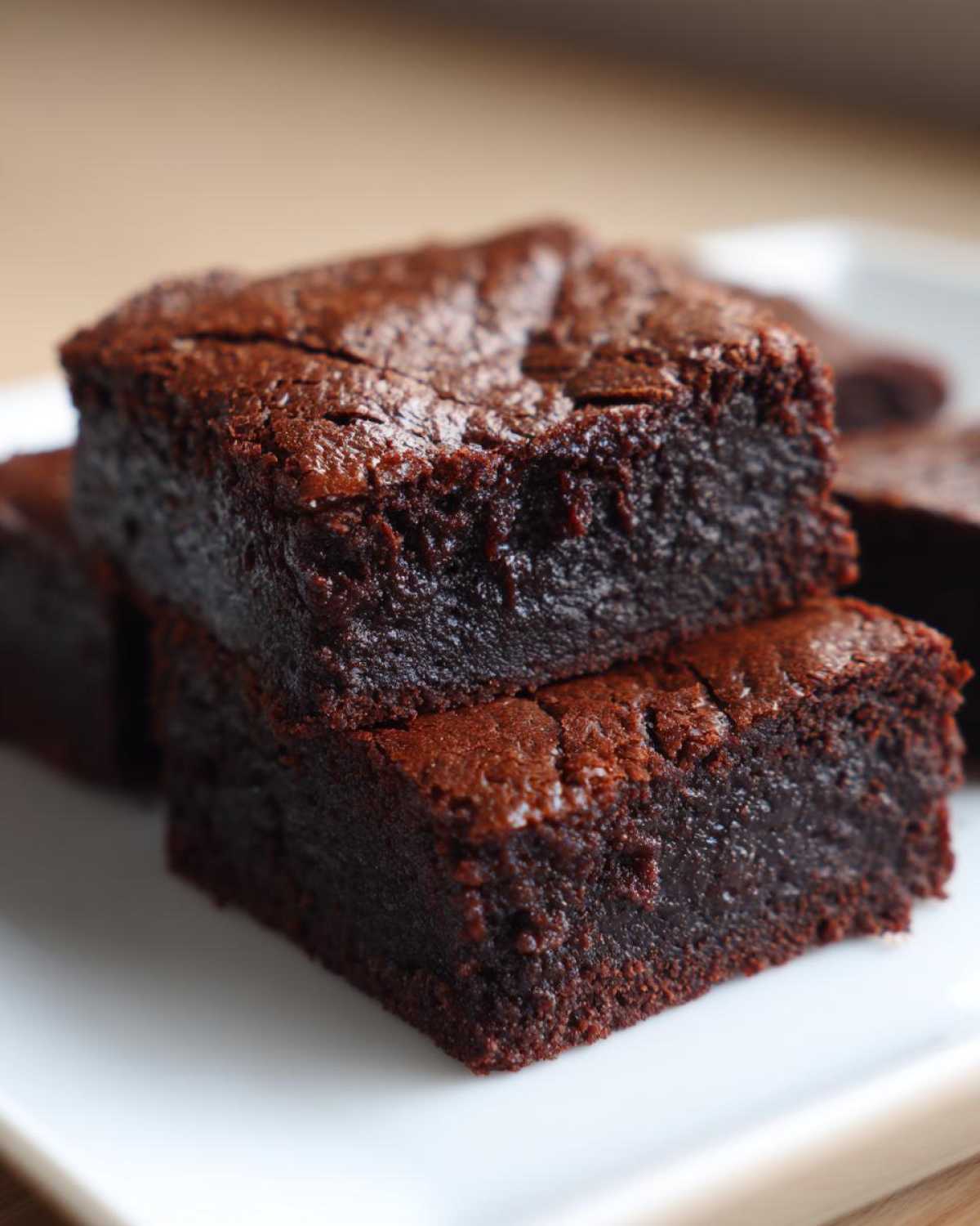 Close-up of two stacked, rich, fudgy Brownie squares showing their shiny, cracked tops.