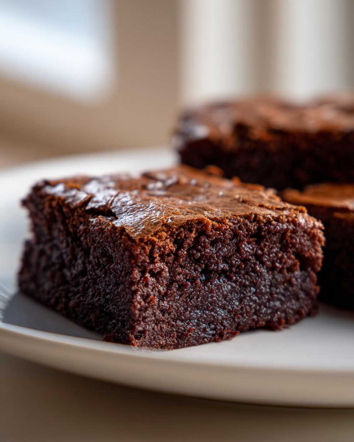A close-up, rich, fudgy square of Zero Sugar Brownies with Yogurt resting on a white plate.