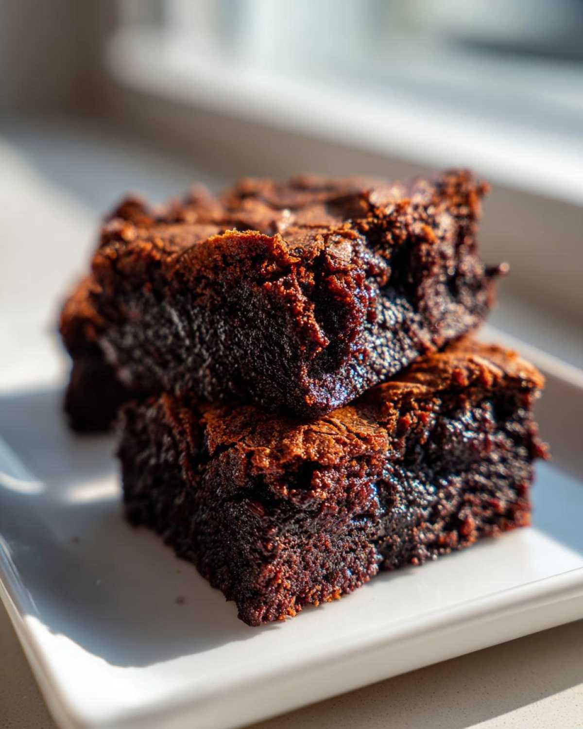 Two fudgy squares of Zero Sugar Brownies with Greek Yogurt stacked on a white plate in bright sunlight.