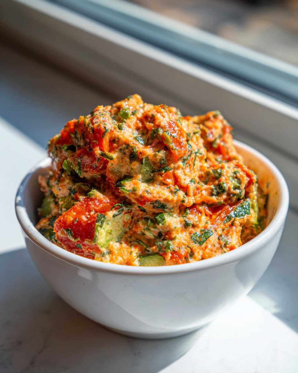 Close-up of a vibrant, chunky Garden Vegetable Spread mixed with herbs and chunks of tomato and cucumber in a white bowl.