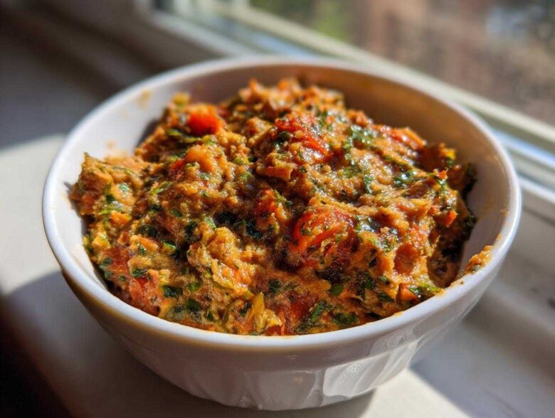 A white bowl filled with a chunky, orange-hued Garden Vegetable Spread mixed with visible green herbs and red tomato pieces.