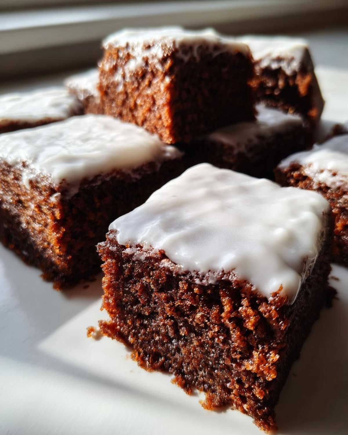 Close-up of moist, dark Gingerbread Bars topped with a thick layer of white zesty lemon glaze.