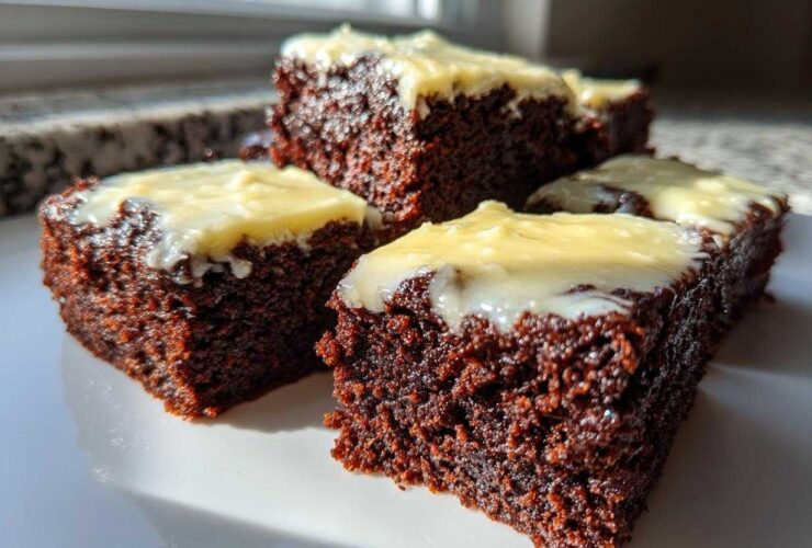 Four rich, dark squares of Gingerbread Bars with Zesty Lemon Glaze stacked on a white plate.