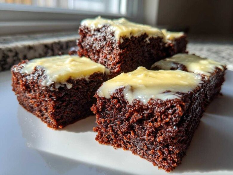 Four rich, dark squares of Gingerbread Bars with Zesty Lemon Glaze stacked on a white plate.