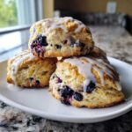 A stack of three freshly baked Lemon Blueberry Scones topped with a sweet white glaze, sitting on a white plate.
