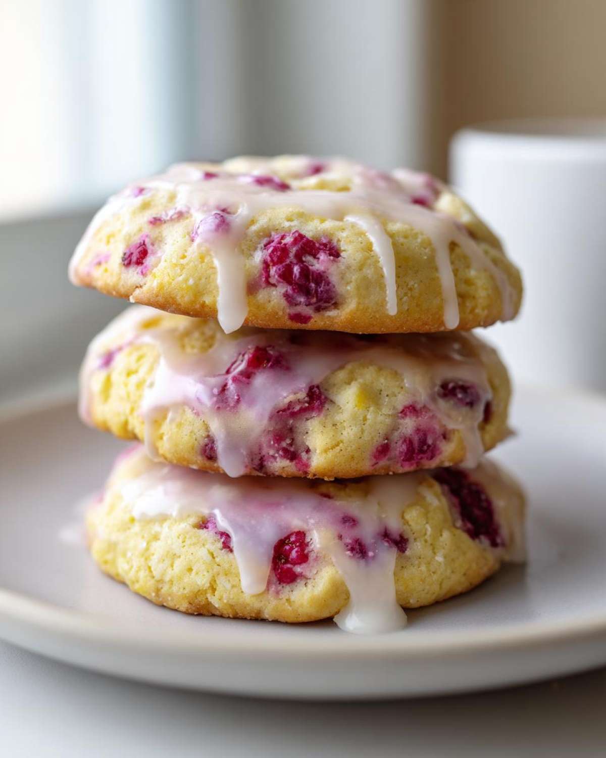 Three stacked Lemon Raspberry Cookies topped with a white lemon glaze dripping down the sides.