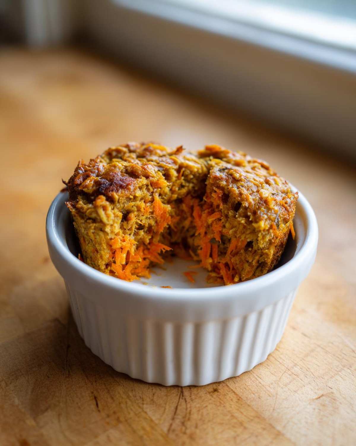 Close-up of Gluten-Free Carrot Cake Baked Oats with a bite taken out, showing shredded carrots inside a white ramekin.