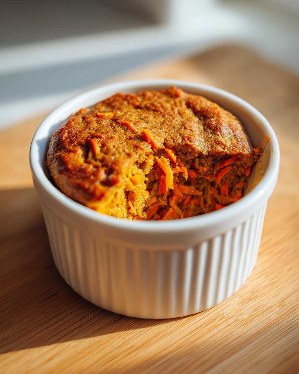 A single serving of Gluten-Free Carrot Cake Baked Oats baked in a white ramekin, showing visible shredded carrots.