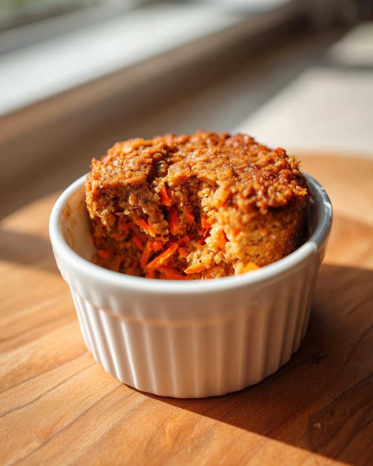 A close-up of Gluten-Free Carrot Cake Baked Oats with a bite taken out, served in a white ramekin.