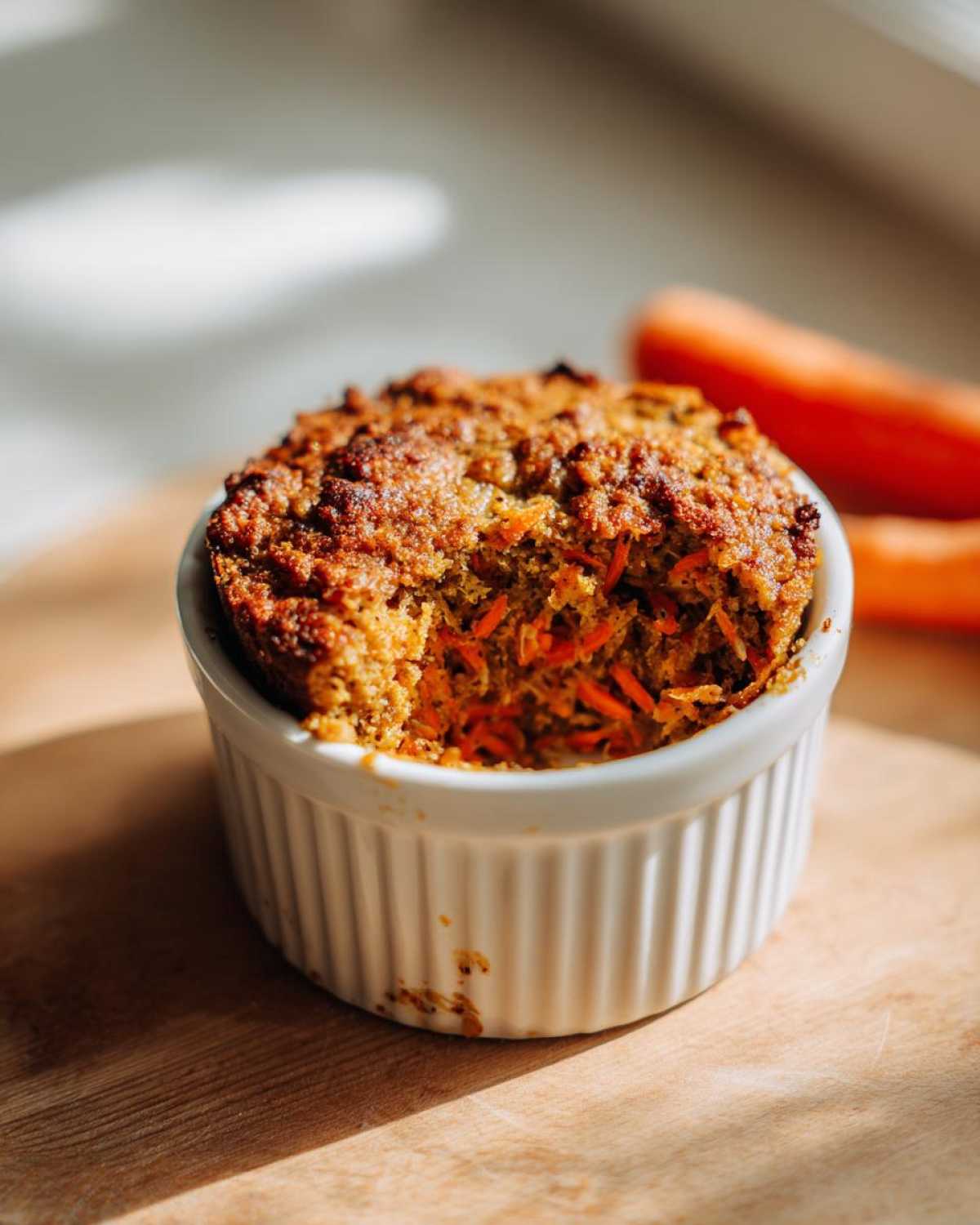 Close-up of a single serving of Gluten-Free Carrot Cake Baked Oats in a white ramekin.