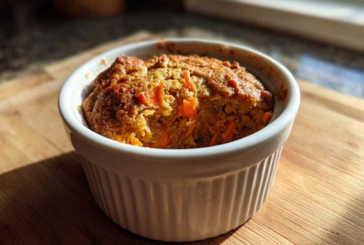 Close-up of a single serving of Gluten-Free Carrot Cake Baked Oats in a white ramekin.