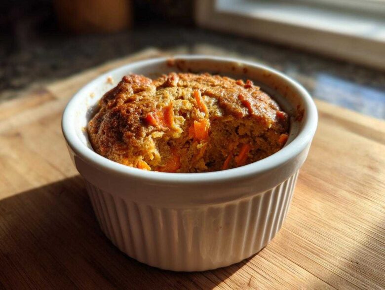 Close-up of a single serving of Gluten-Free Carrot Cake Baked Oats in a white ramekin.