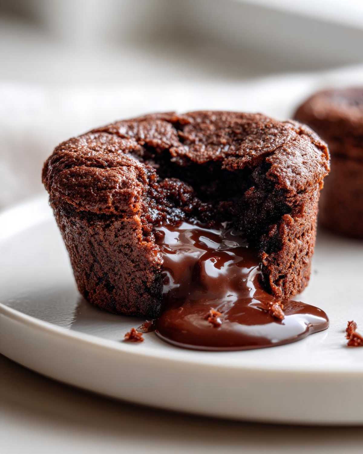 Close-up of a Gluten-Free Chocolate Lava Brownie Cup with rich, melted chocolate oozing out onto a white plate.