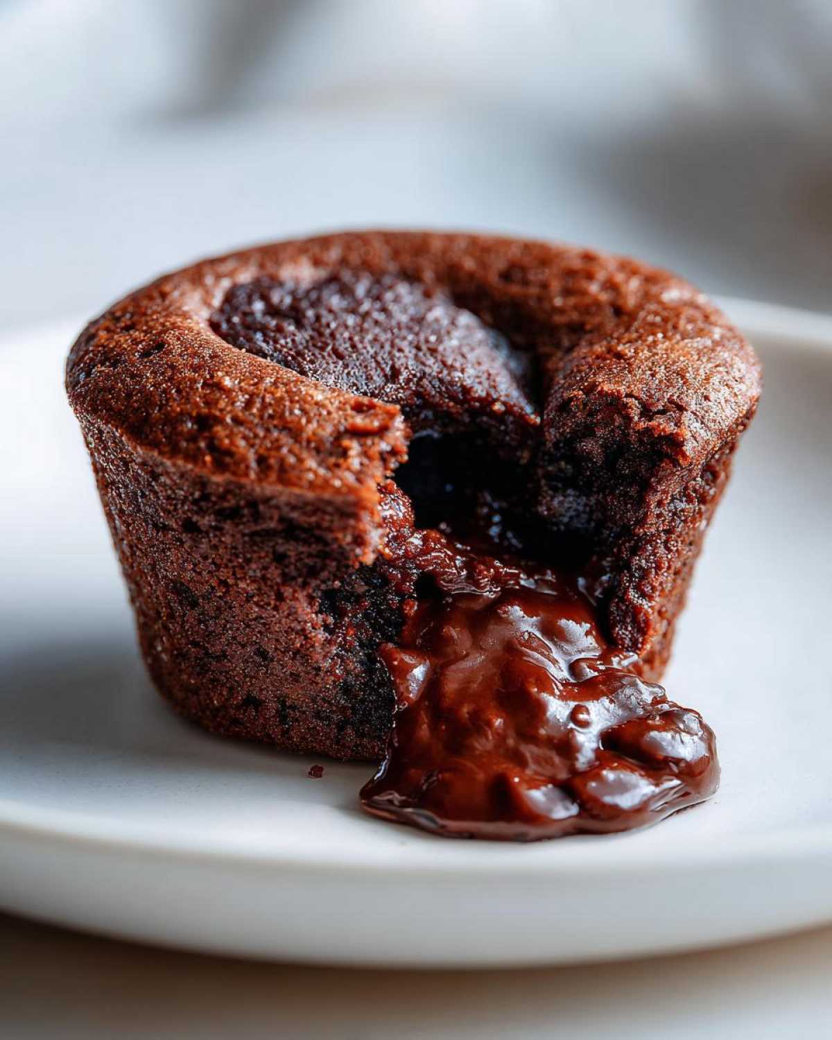 Close-up of a Gluten-Free Chocolate Lava Brownie Cup with molten chocolate oozing out onto a white plate.