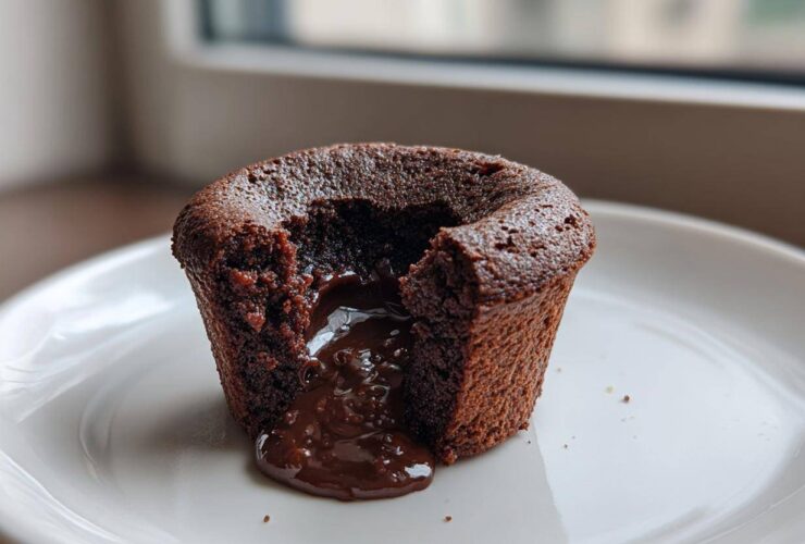 A single Gluten-Free Chocolate Lava Brownie Cup with molten chocolate oozing out onto a white plate.