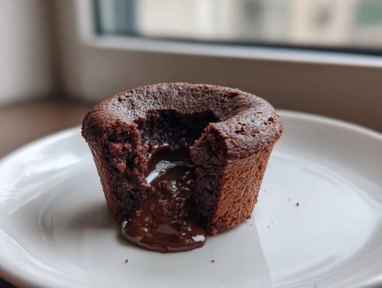 A single Gluten-Free Chocolate Lava Brownie Cup with molten chocolate oozing out onto a white plate.