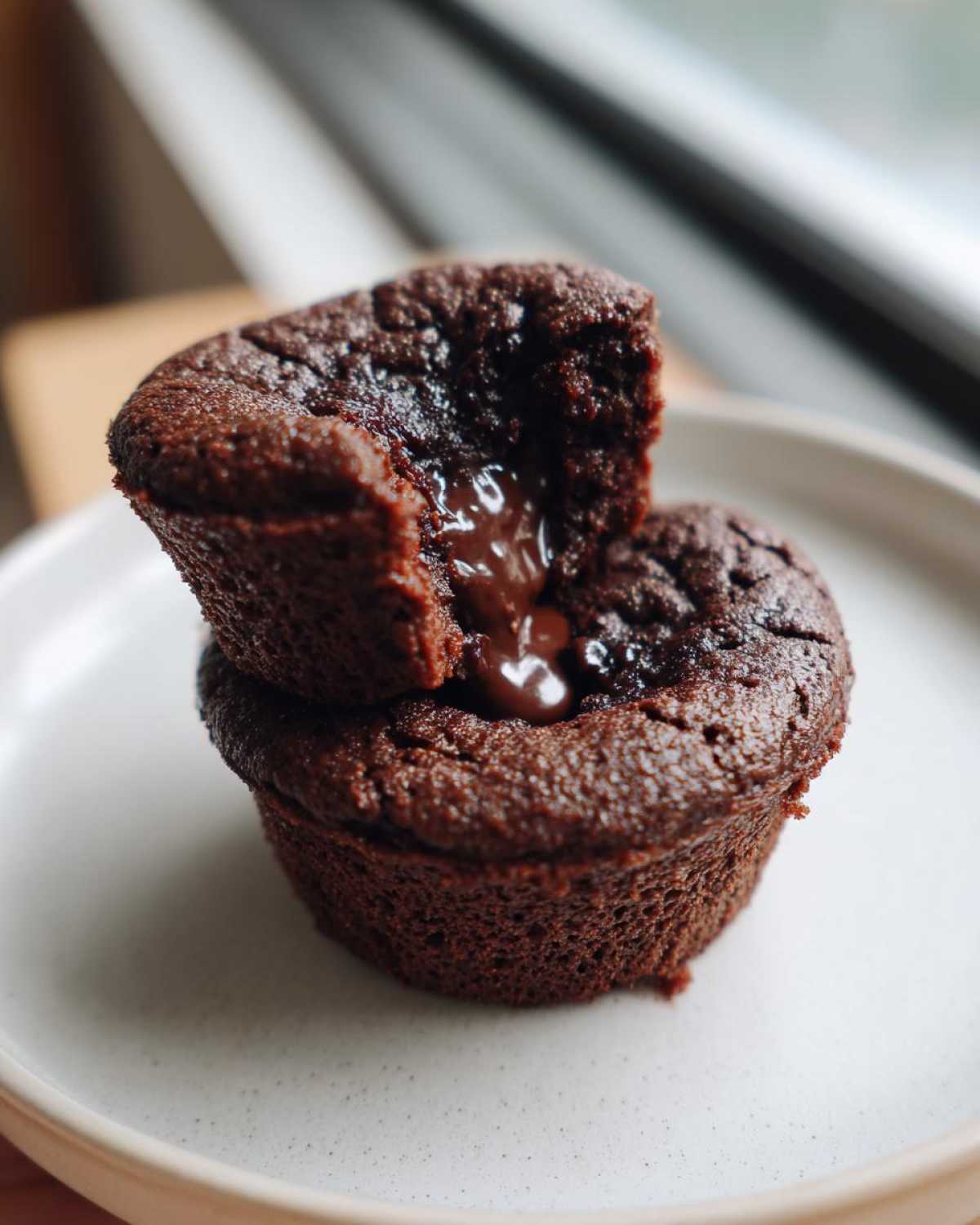 Close-up of one Gluten-Free Chocolate Lava Brownie Cup broken open to show the molten chocolate center.