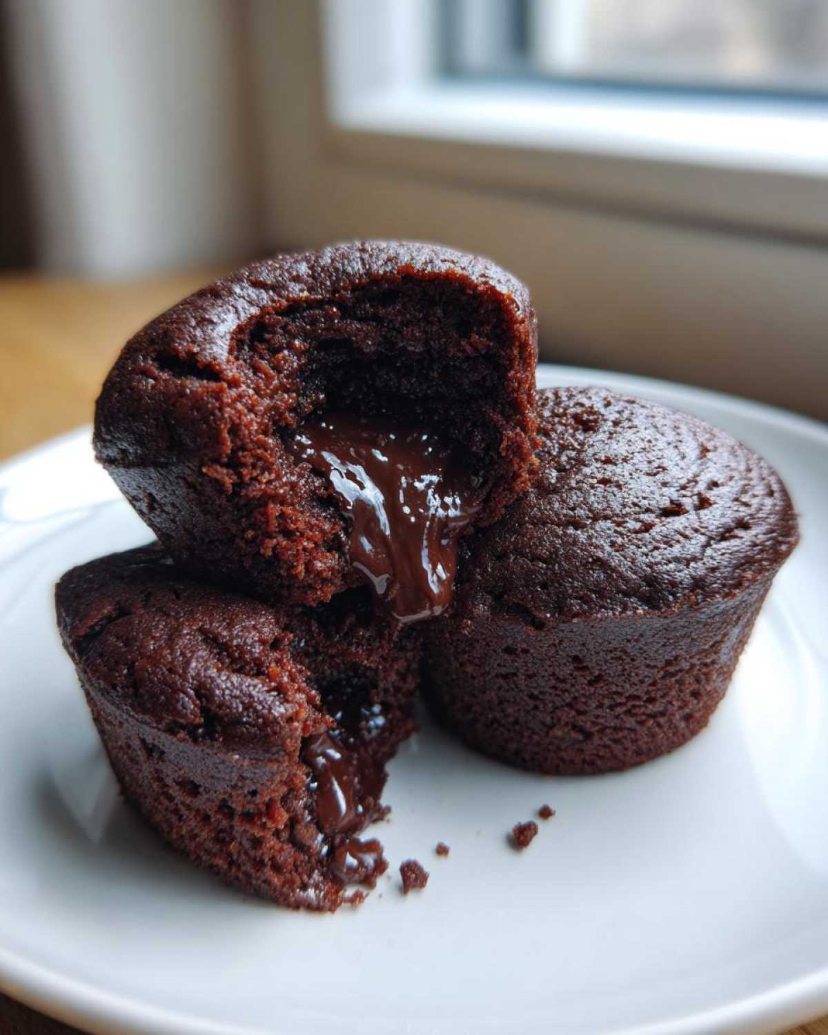 Three rich Gluten-Free Chocolate Lava Brownie Cups stacked on a white plate, showing molten chocolate oozing out.