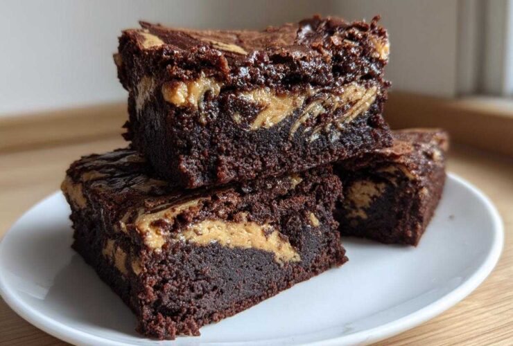 Three fudgy Gluten-Free Chocolate Peanut Butter Swirl Brownies stacked on a white plate.