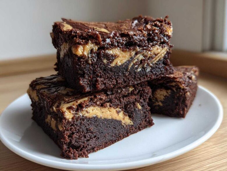 Three fudgy Gluten-Free Chocolate Peanut Butter Swirl Brownies stacked on a white plate.