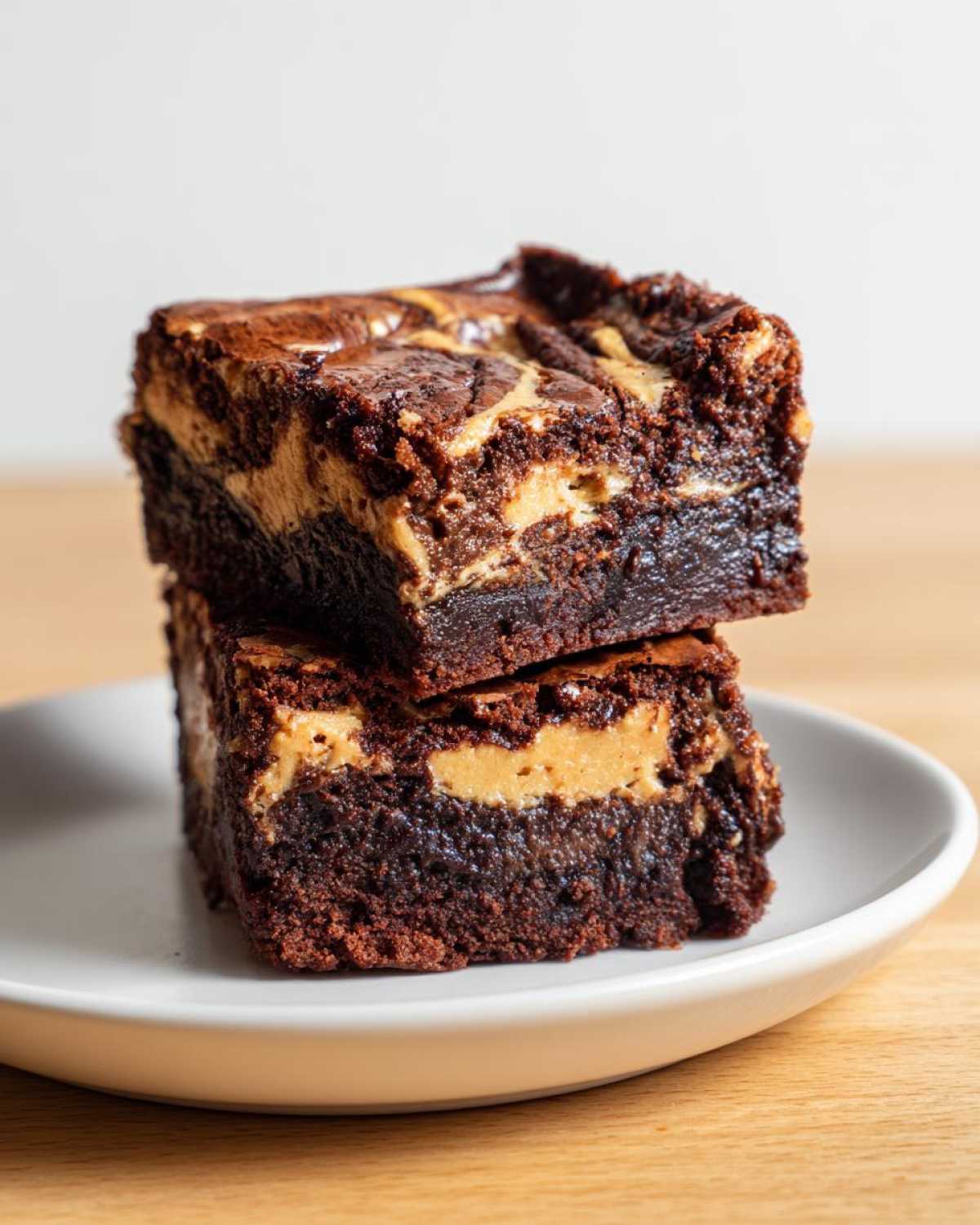 Two stacked, fudgy Gluten-Free Chocolate Peanut Butter Swirl Brownies with a visible peanut butter layer on a white plate.