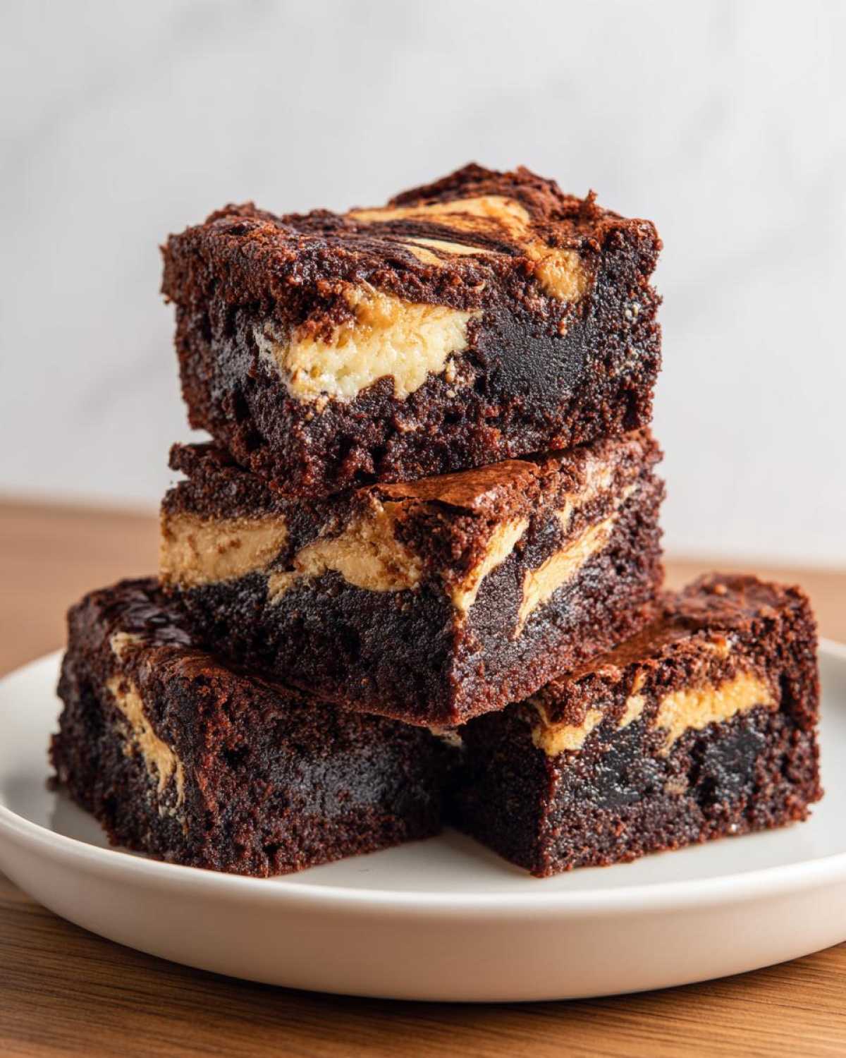 A stack of three fudgy Gluten-Free Chocolate Peanut Butter Swirl Brownies on a white plate.