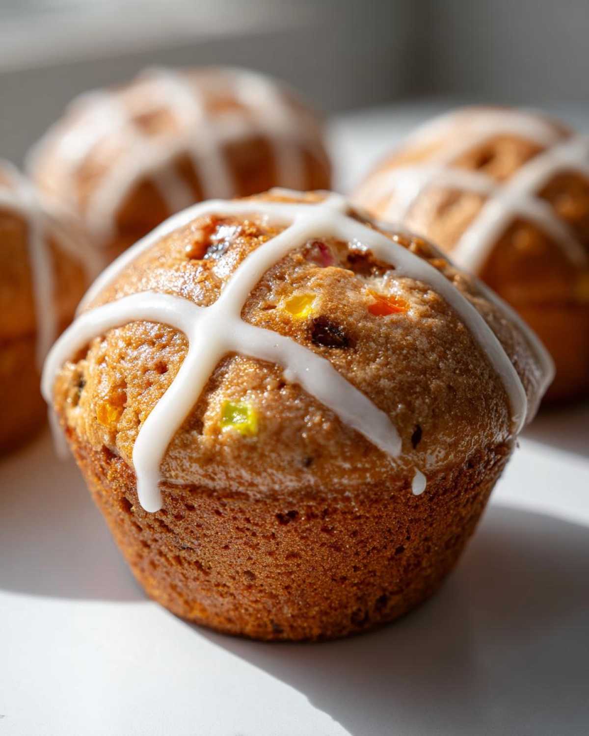 Close-up of a freshly baked Gluten-Free Hot Cross Bun Muffin topped with white icing cross and visible candied fruit.